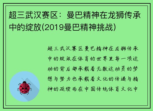 超三武汉赛区：曼巴精神在龙狮传承中的绽放(2019曼巴精神挑战)