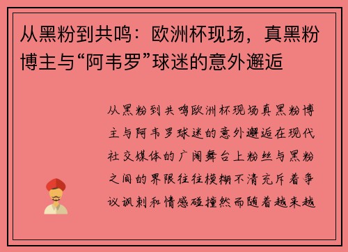 从黑粉到共鸣：欧洲杯现场，真黑粉博主与“阿韦罗”球迷的意外邂逅